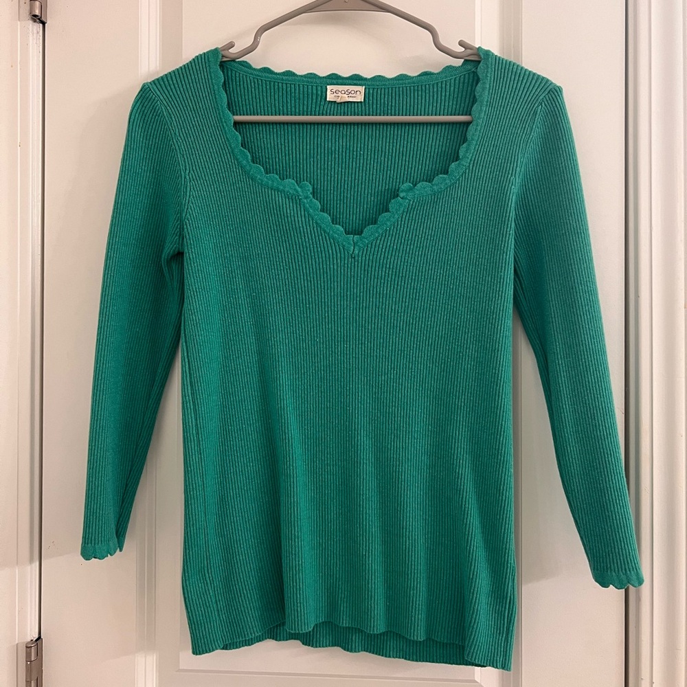 Scalloped V-Neck Teal Sweater-Easy clothes